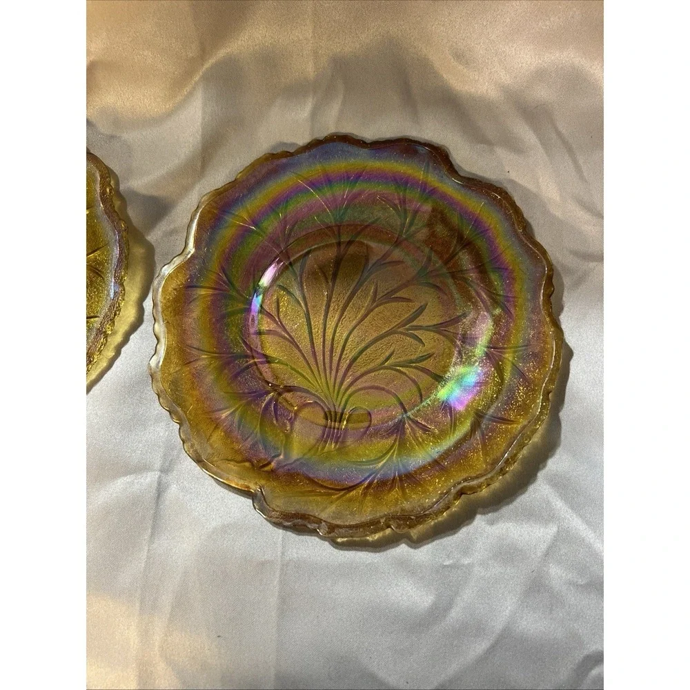 2- VTG Indiana Glass Iridescent Marigold Branch Carnival Glass Plate 10